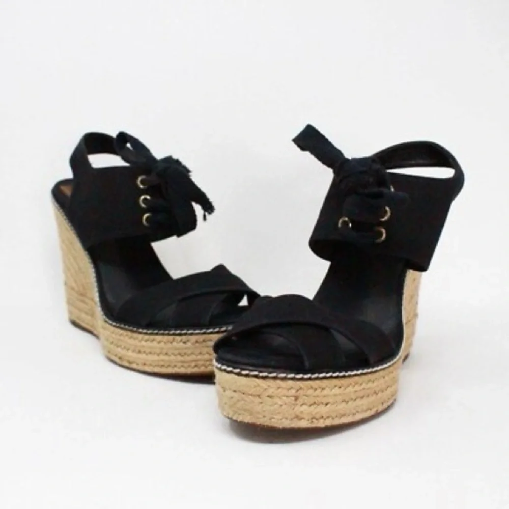 TORY BURCH Black Lace Up Canvas Espadrille Wedges Sandals Size 5